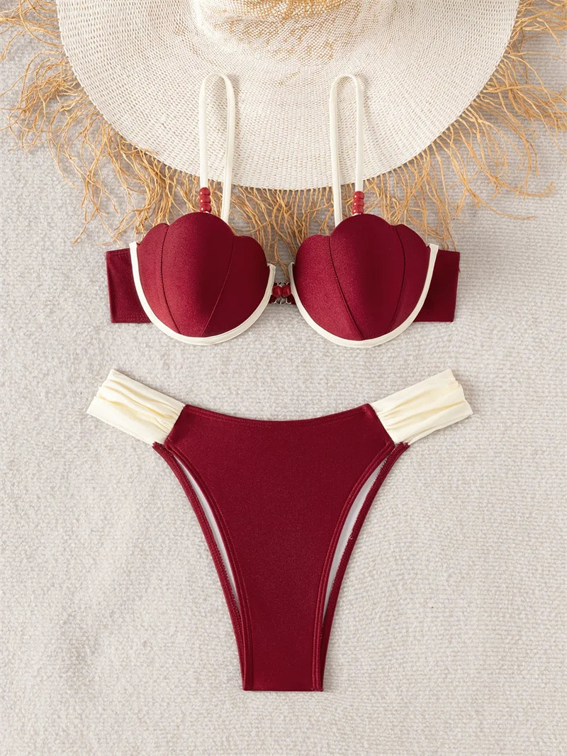 Structured Brown Seashell Underwire Bikini with Contrast White Detailing