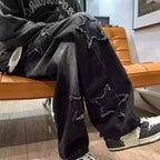 Men's Relaxed Wide Leg Denim Jeans with Star Patch Detail and Streetwear Style