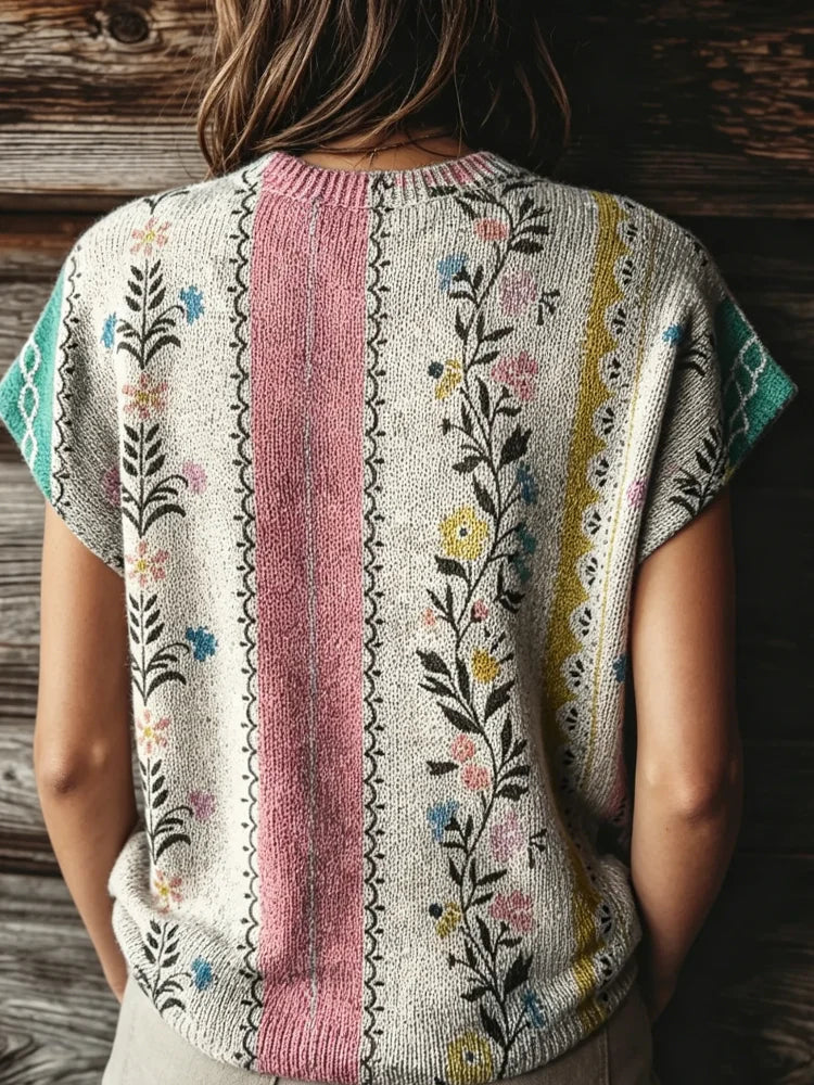 Women's Botanical Pattern Knit Vest with Crew Neck Relaxed Cap Sleeve Design
