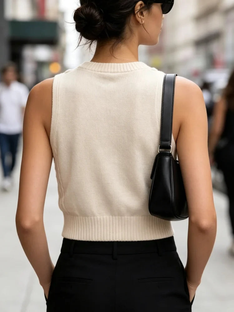 Women's Textured Cable Knit Crop Sweater Vest with Sleeveless Preppy Fit