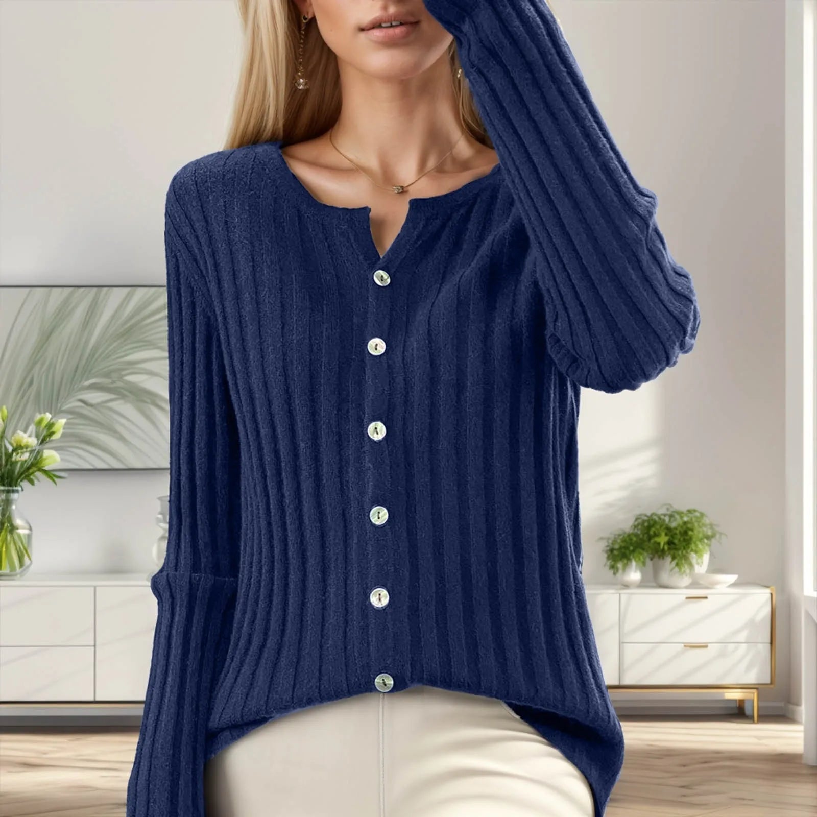 Women's Ribbed Button Front Relaxed Knit Contemporary Sweater Cardigan Top