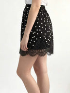 Polka Dot Lace Trim Mini Skirt with Elastic Waist A-Line Silhouette