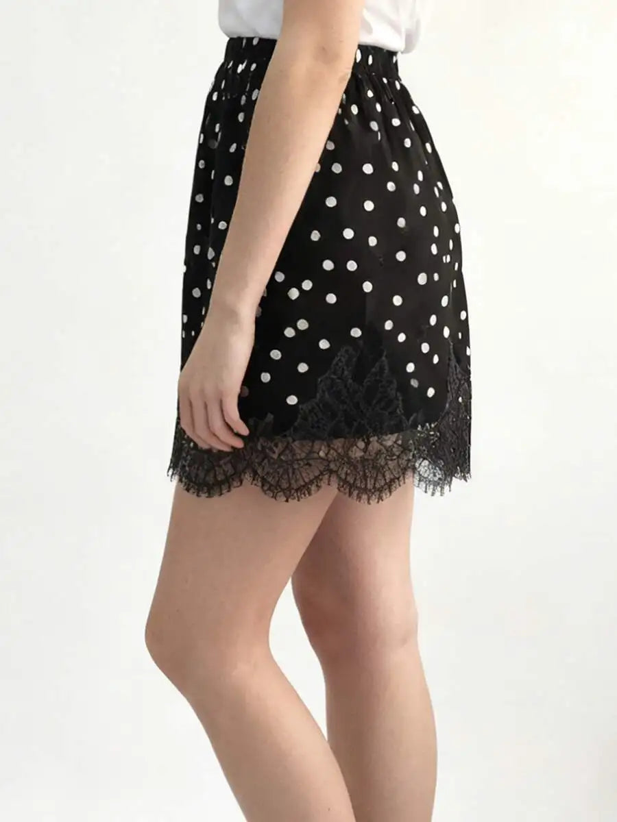 Polka Dot Lace Trim Mini Skirt with Elastic Waist A-Line Silhouette