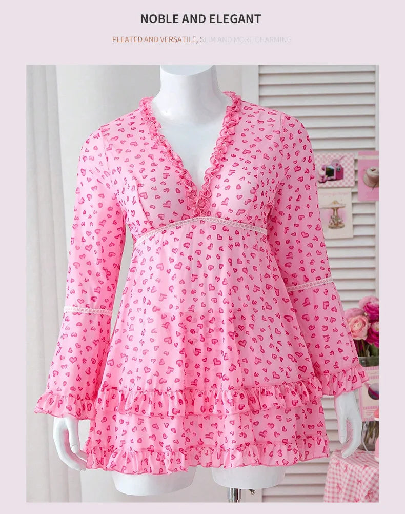 Playful Pink Heart Print Long-Sleeve Sleep Dress with Ruffled Tiered Hem