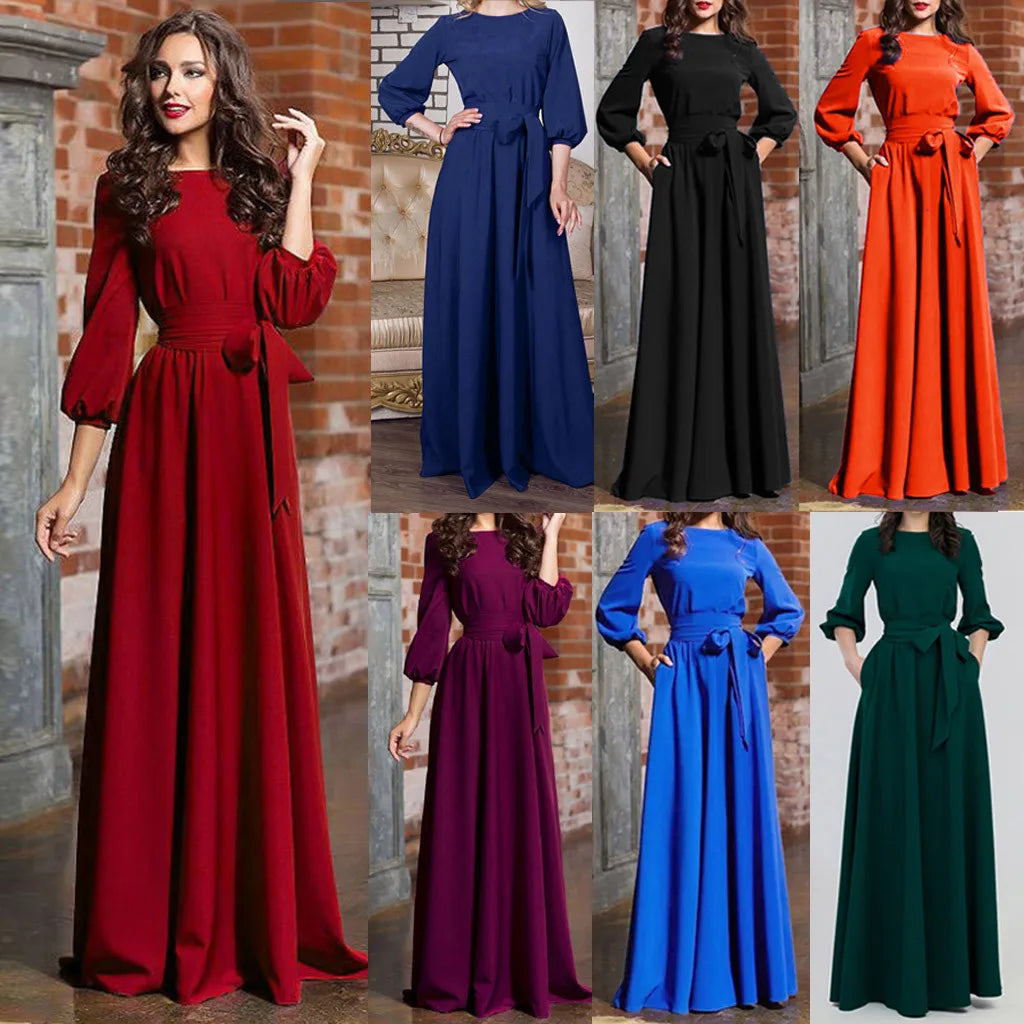 Long Sleeve A-Line Maxi Dress with Defined Waist and Flowing Silhouette