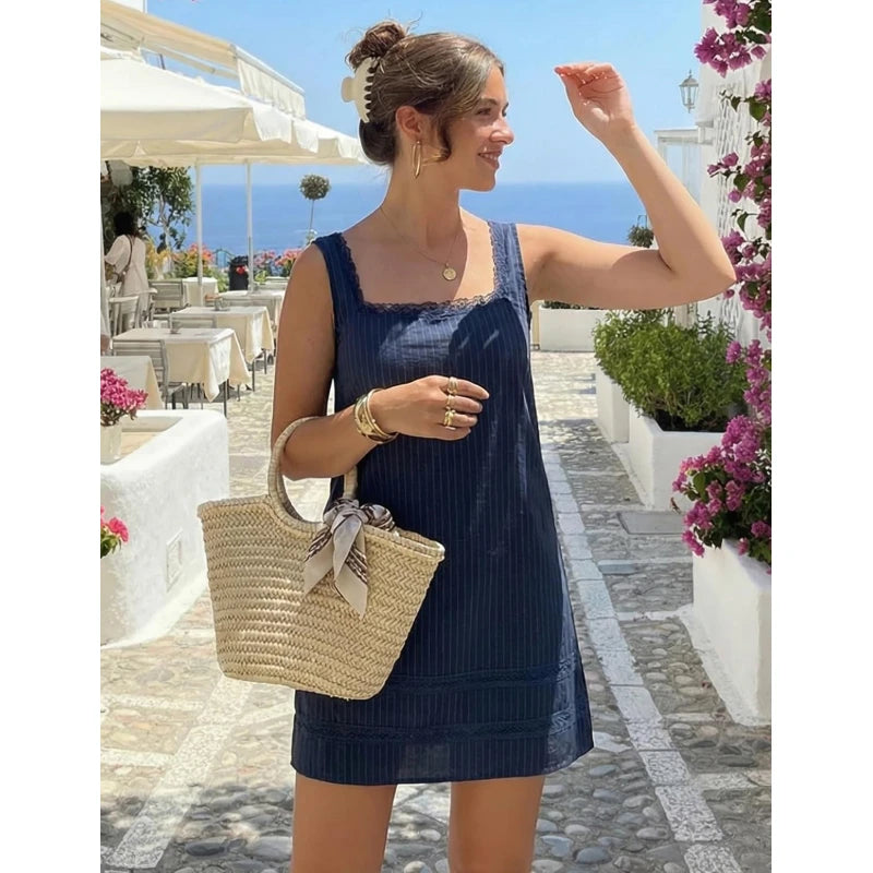 Navy Blue Square Neck Sleeveless Mini Dress with Relaxed Shift Silhouette