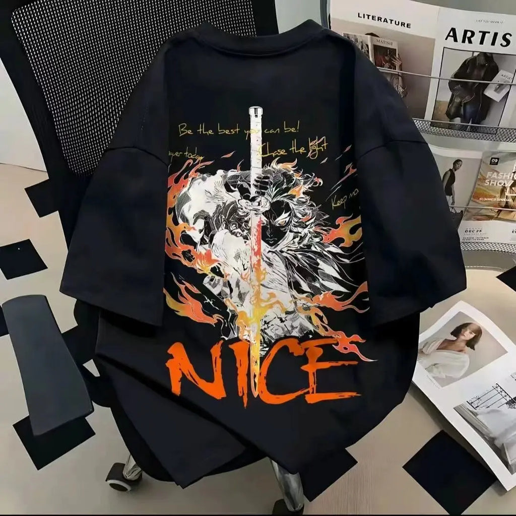 Inferno Blade Anime Graphic Oversized Cotton Casual Streetwear T-Shirt