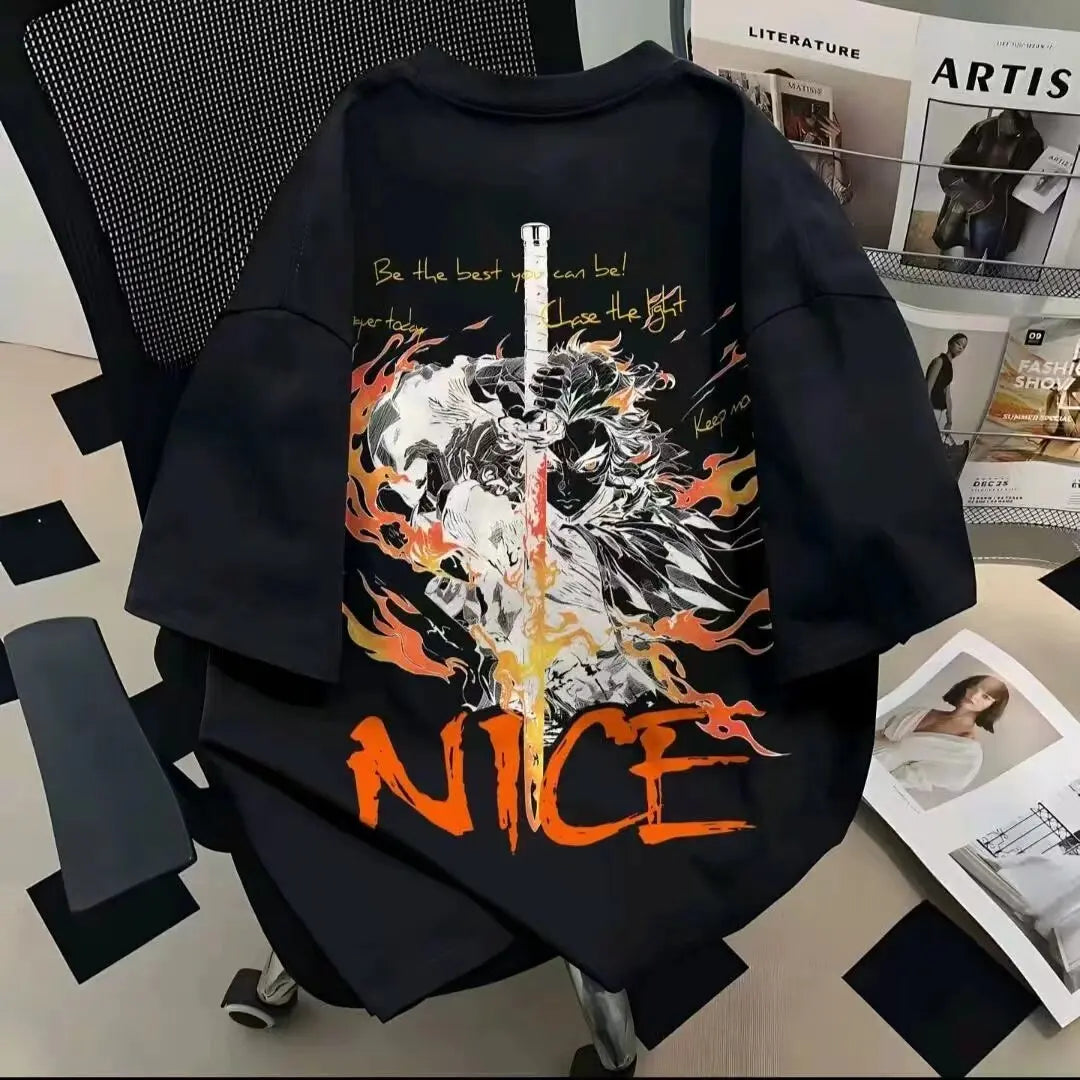 Inferno Blade Anime Graphic Oversized Cotton Casual Streetwear T-Shirt