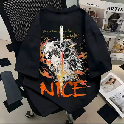 Inferno Blade Anime Graphic Oversized Cotton Casual Streetwear T-Shirt
