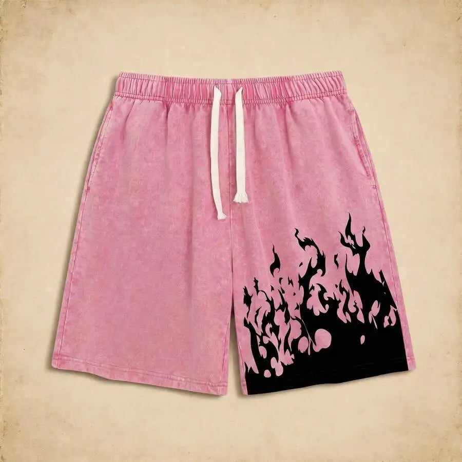 Men's Washed Drawstring Shorts with Flame Graphic Print and Relaxed Streetwear Fit