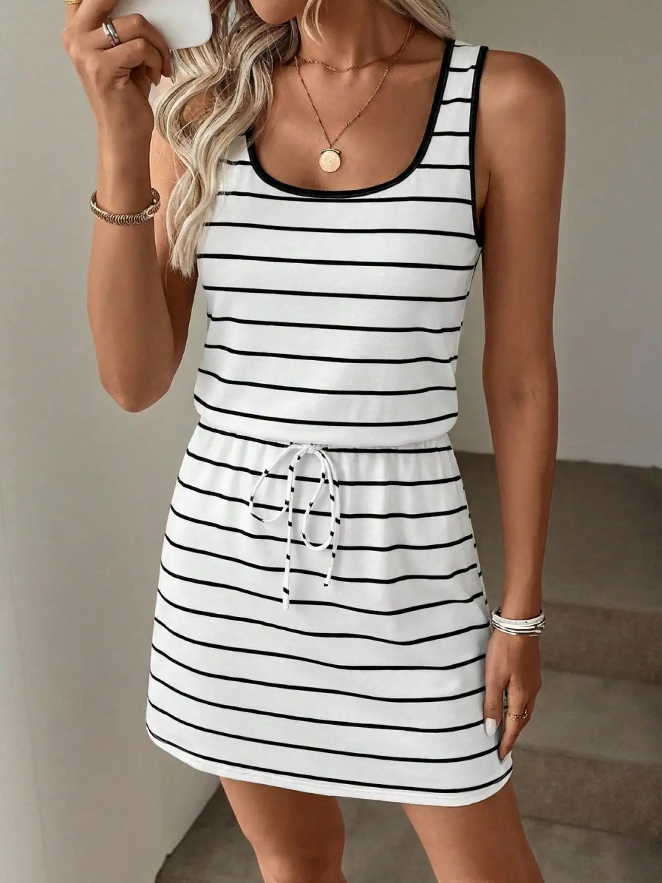 Striped Sleeveless Drawstring Waist Mini Dress with Relaxed Everyday Style