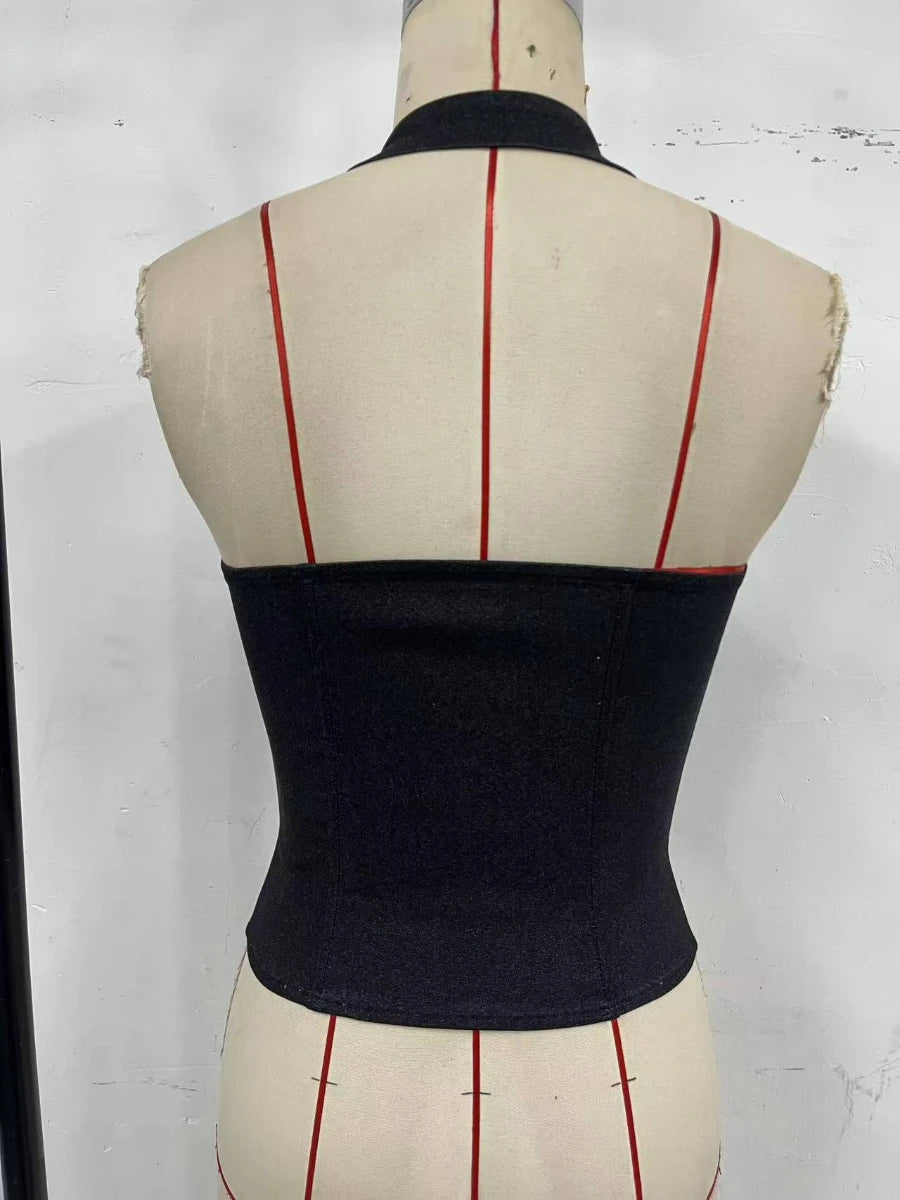 Color Block Halter Corset-Inspired Crop Top with Button Front and Structured Fit