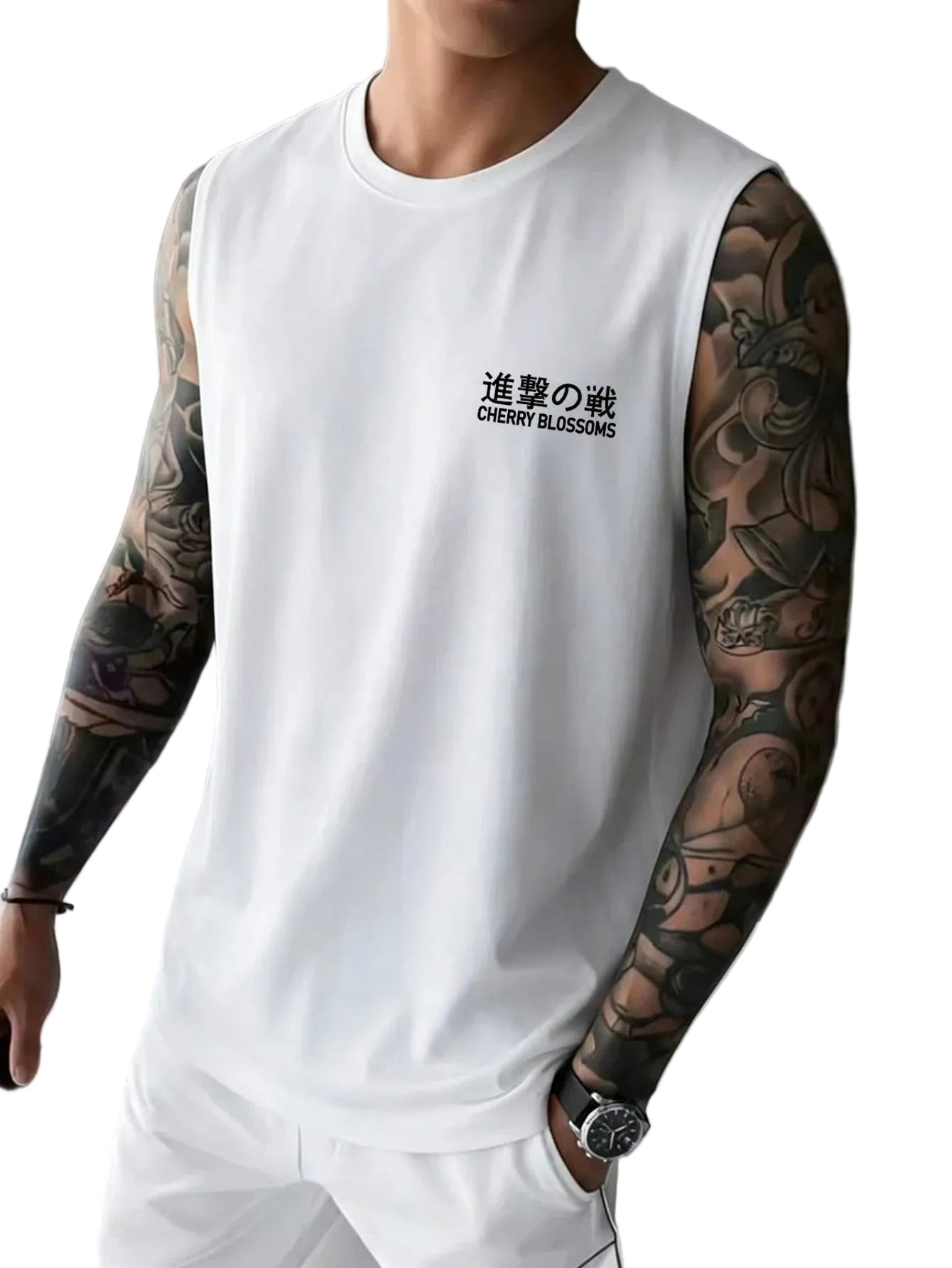 Minimalist Cotton Sleeveless Tank Top with Clean Japanese Streetwear Inspired Graphic Detail