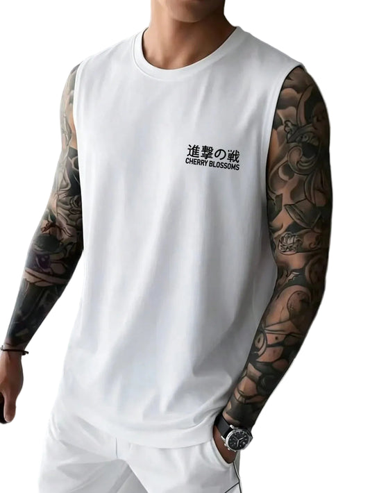 Minimalist Cotton Sleeveless Tank Top with Clean Japanese Streetwear Inspired Graphic Detail