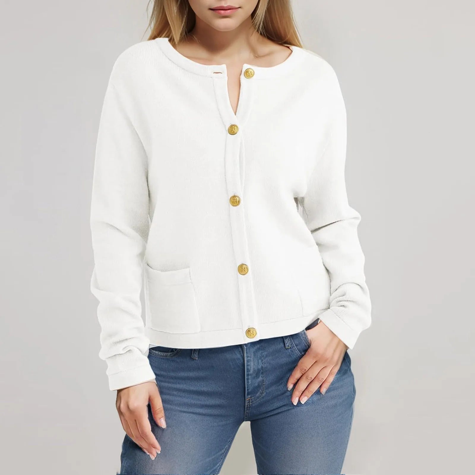 Women's Crew Neck Button Front Cardigan with Relaxed Everyday Fit and Pockets