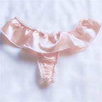 Romantic Glossy Pink Ruffled Thong Panty with Delicate String Back