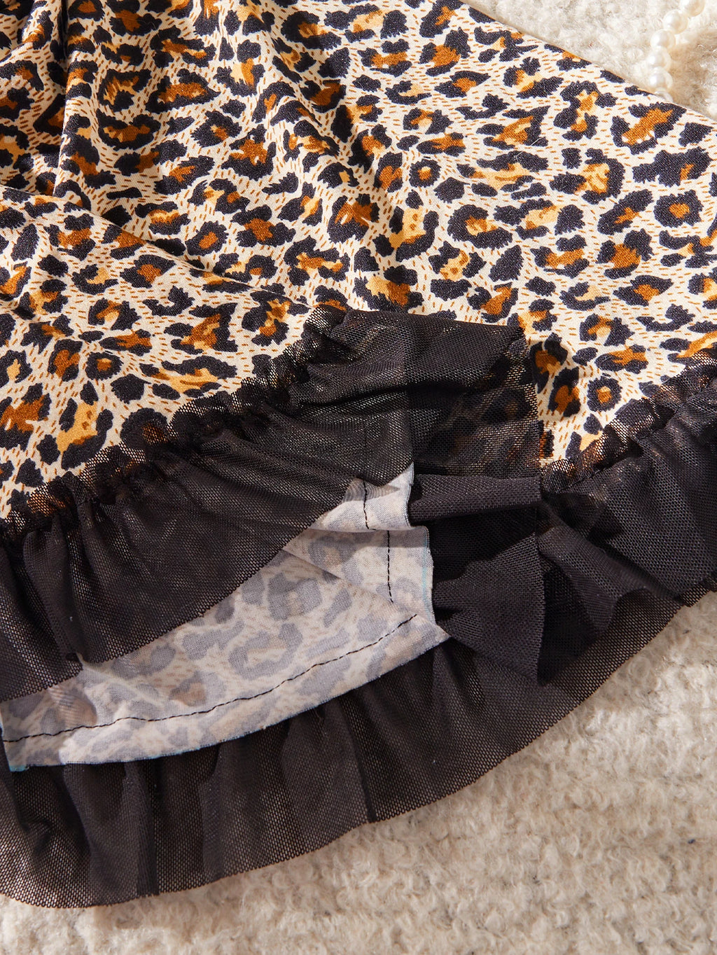 Leopard Print A-Line Slip Nightdress with Black Lace Trim and Ruffled Hem