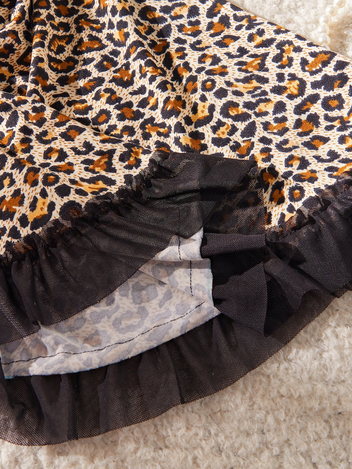 Leopard Print A-Line Slip Nightdress with Black Lace Trim and Ruffled Hem