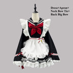 Classic Long-Sleeve Sailor Maid Dress with Ruffled Apron and Crimson Bow