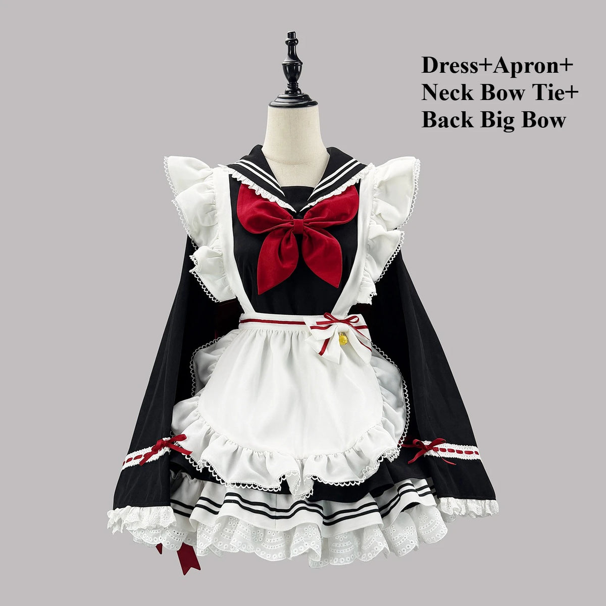 Classic Long-Sleeve Sailor Maid Dress with Ruffled Apron and Crimson Bow