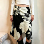 Low Rise Asymmetrical Floral Mesh Midi Skirt with Soft Pleats