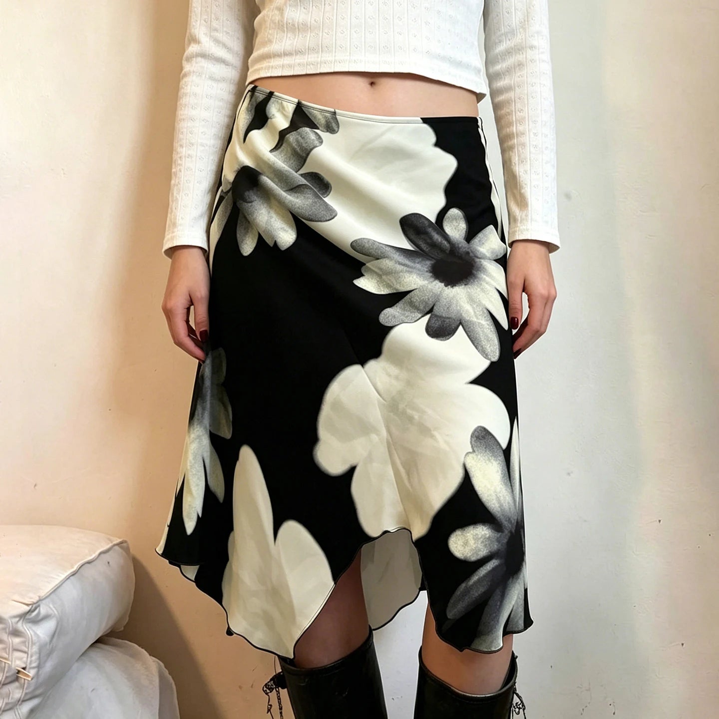 Low Rise Asymmetrical Floral Mesh Midi Skirt with Soft Pleats