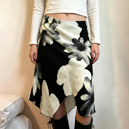 Low Rise Asymmetrical Floral Mesh Midi Skirt with Soft Pleats