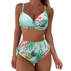 Floral Boho Print Square-Neck Two-Piece Bikini Set with High-Waisted Bottom and Feminine Contrast Detailing
