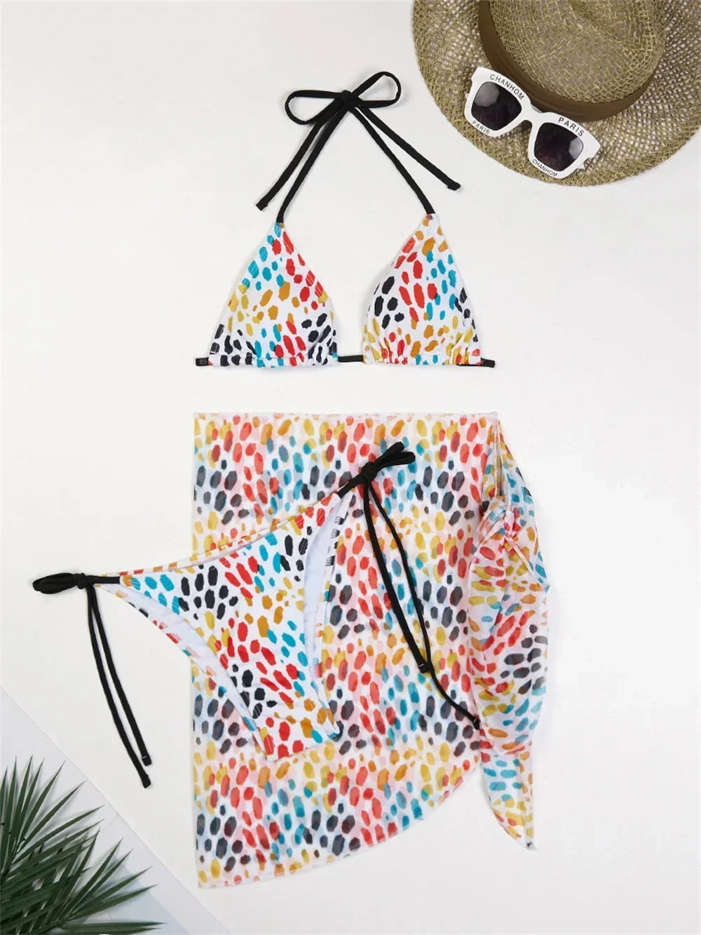 Three-Piece Strawberry Print String Bikini Set with Sheer Wrap Skirt