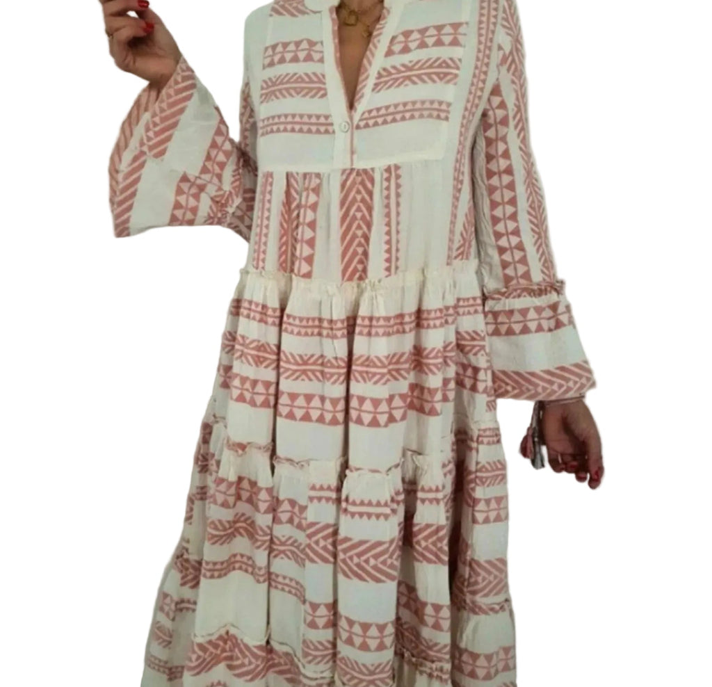 Bohemian Print Maxi Dress with V Neck and Flowy Long Sleeves