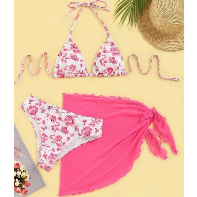 Three-Piece Pink Floral Triangle Bikini Set with Matching Sheer Sarong