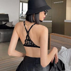 Edgy Black Geometric Strappy Wire-Free Bra and Thong Set