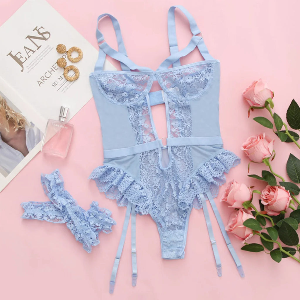 Romantic Light Pink Floral Lace Longline Garter Lingerie Set