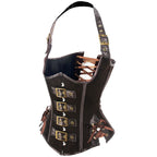 Vintage-Inspired Brown Suede Underbust Corset with Halter Strap and Metal Buckles
