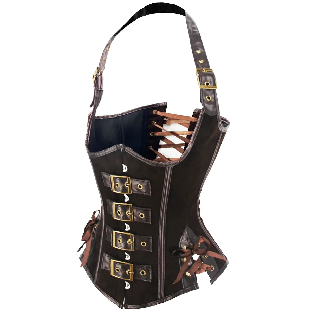 Vintage-Inspired Brown Suede Underbust Corset with Halter Strap and Metal Buckles