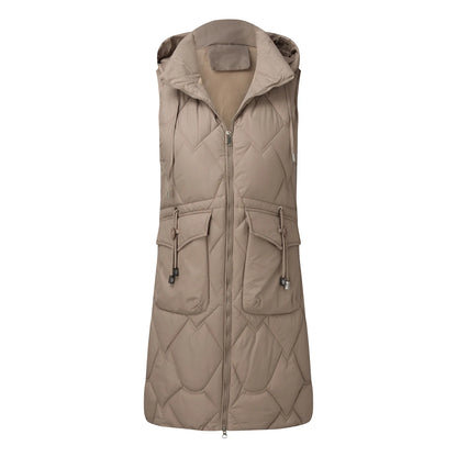 Women's Long Quilted Hooded Puffer Vest Relaxed Casual Streetwear Layering Outerwear
