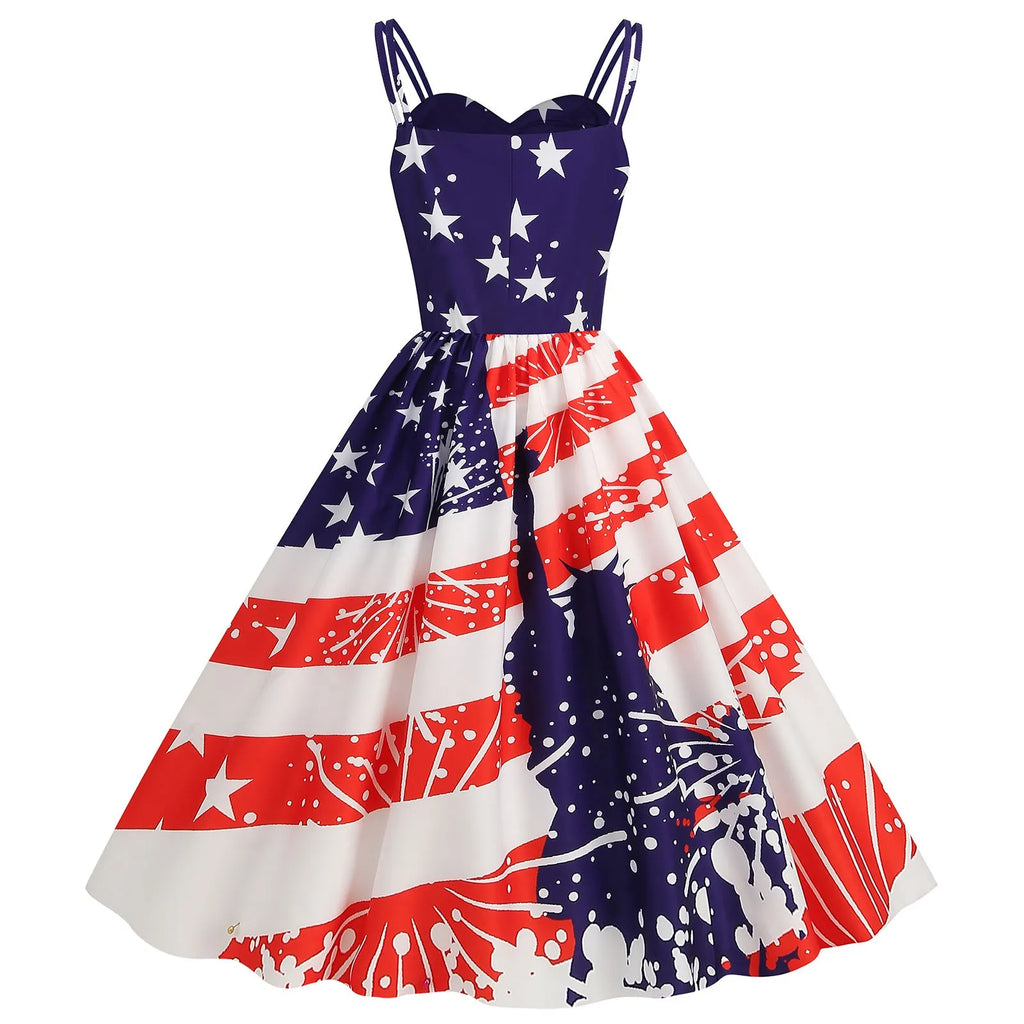 American Flag Print Retro A-Line Swing Dress with Sweetheart Neckline