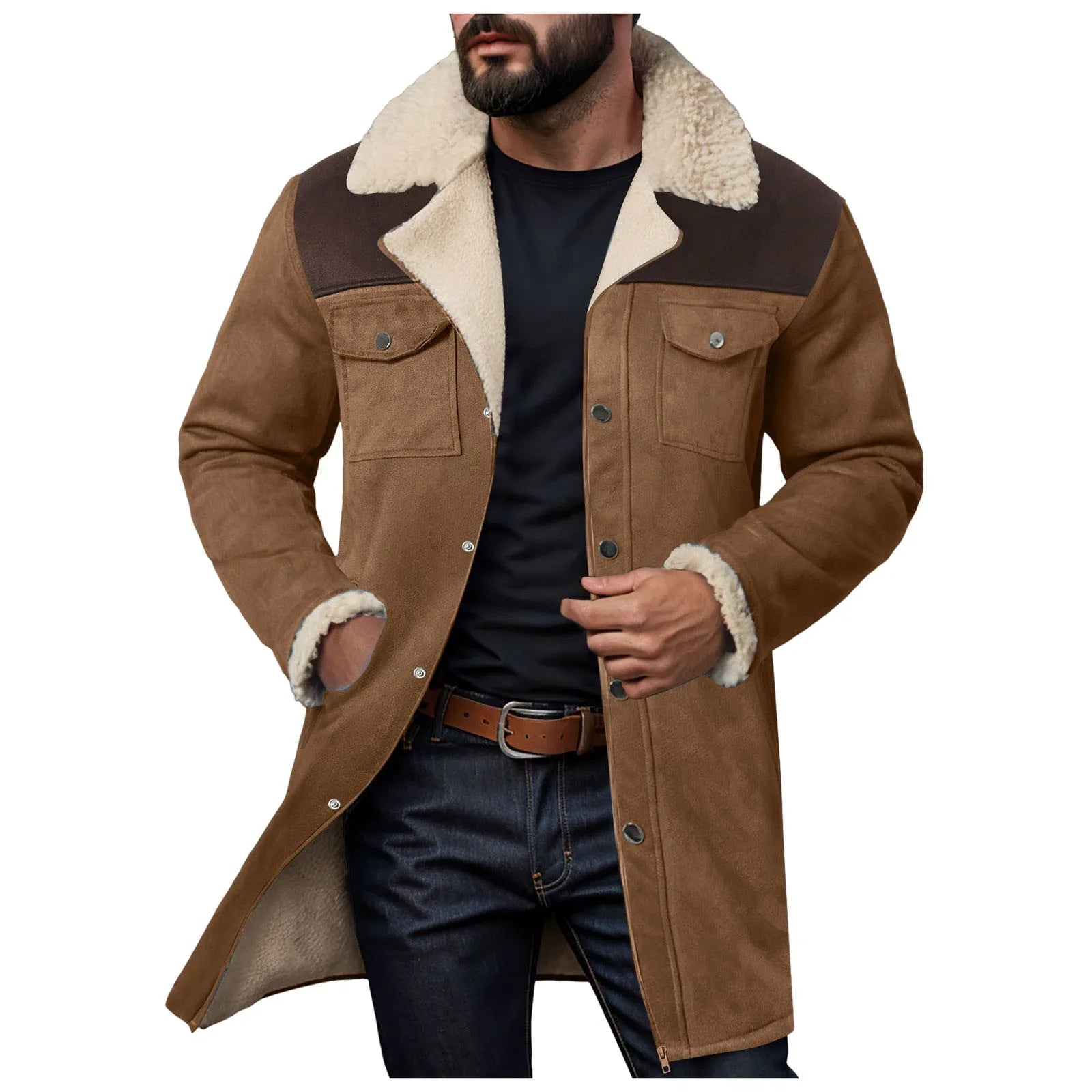 Men's Mid-Length Faux Suede Sherpa Collar Jacket with Utility Pockets for Vintage Streetwear Style