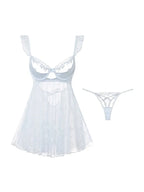 Icy Blue Sheer Floral Embroidered Babydoll Set with Ruffled Straps