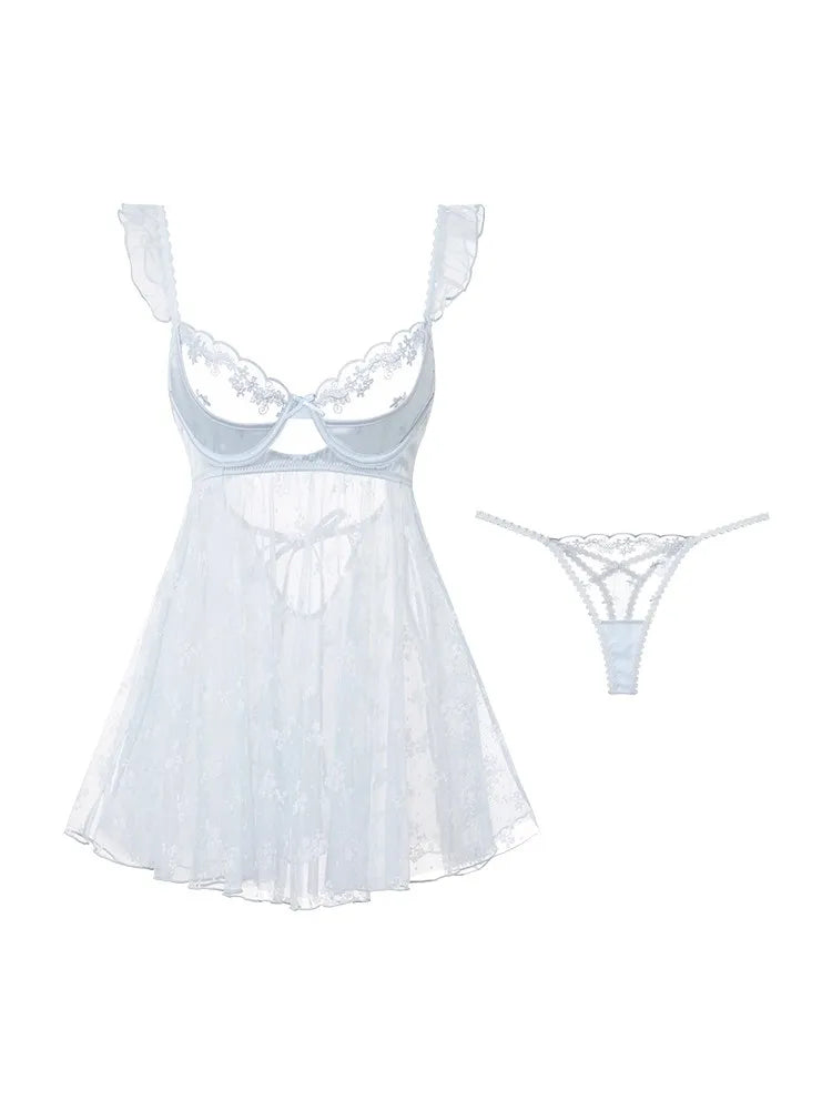 Icy Blue Sheer Floral Embroidered Babydoll Set with Ruffled Straps