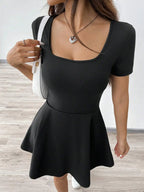 Square Neck Short Sleeve A-Line Mini Dress with Flared Skater Silhouette