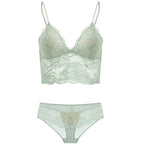 French Eyelash Lace Longline Triangle Bralette and Scalloped Low-Rise Hipster Panty Set