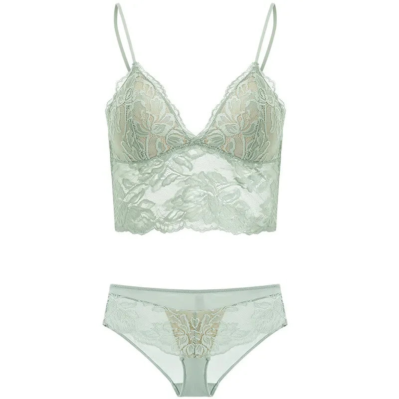 French Eyelash Lace Longline Triangle Bralette and Scalloped Low-Rise Hipster Panty Set