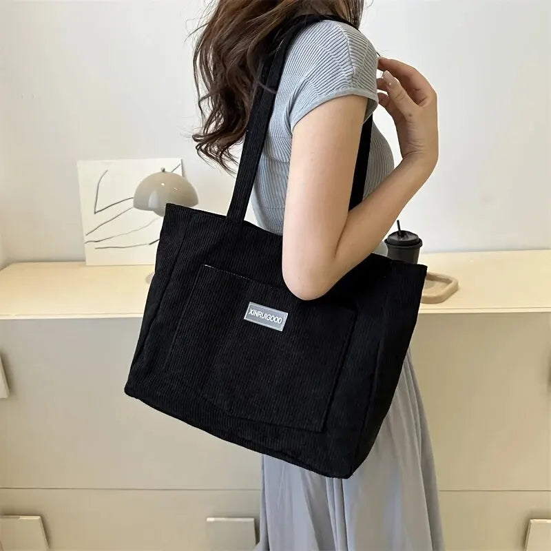 Large Capacity Corduroy Tote Shoulder Bag with Front Pocket Detail