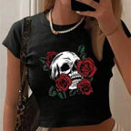 Dark Floral Graphic Baby Tee with Fitted Alternative Streetwear Silhouette