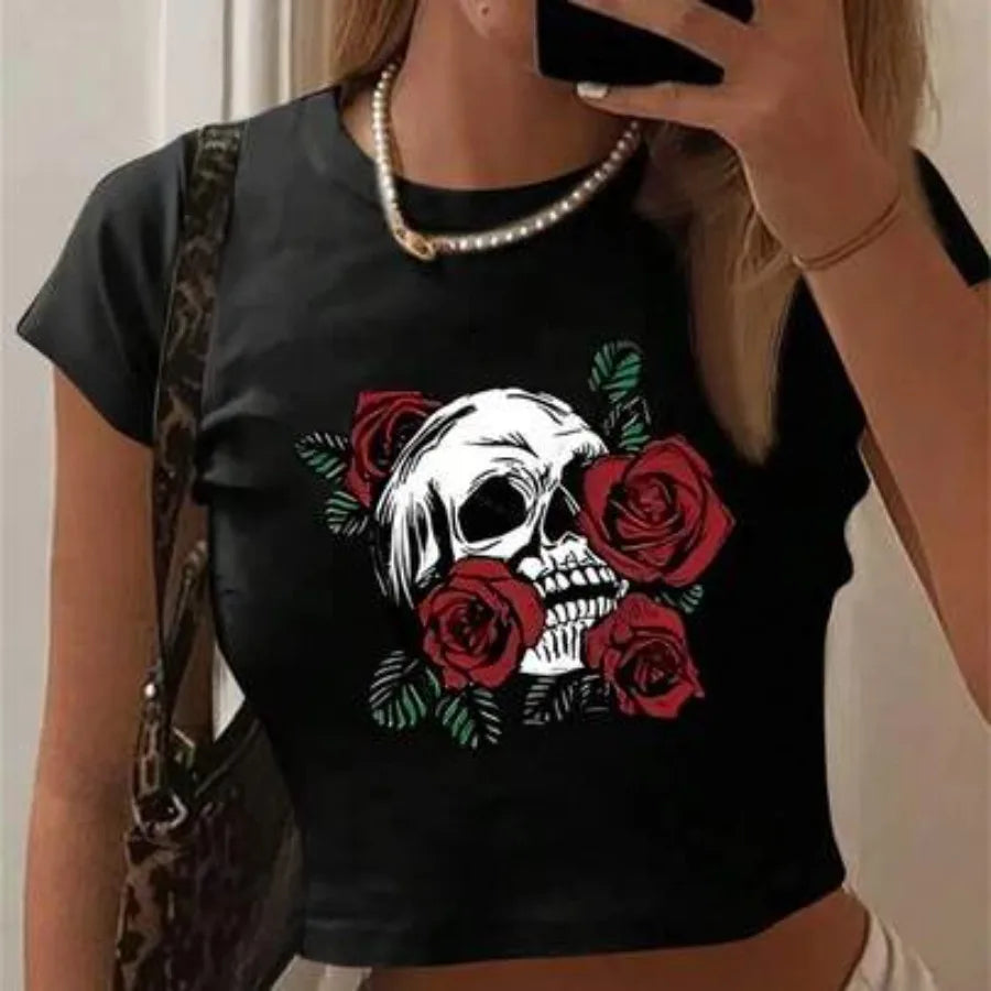 Dark Floral Graphic Baby Tee with Fitted Alternative Streetwear Silhouette