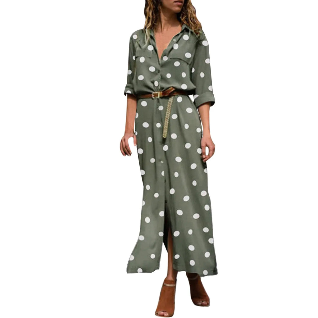 Button Front Polka Dot Maxi Shirt Dress with Belt and Side Split
