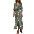 Button Front Polka Dot Maxi Shirt Dress with Belt and Side Split