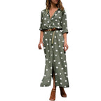 Button Front Polka Dot Maxi Shirt Dress with Belt and Side Split