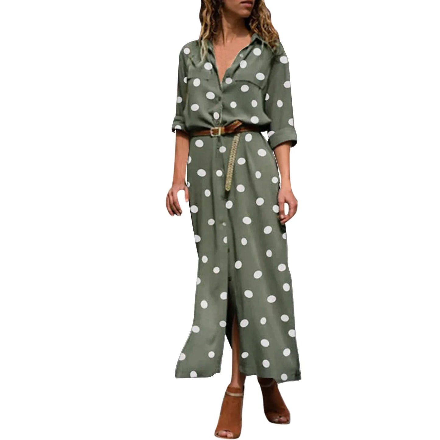 Button Front Polka Dot Maxi Shirt Dress with Belt and Side Split